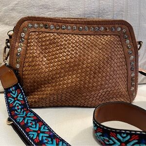 Platania Brown Woven Leather Bag with Embellished Strap